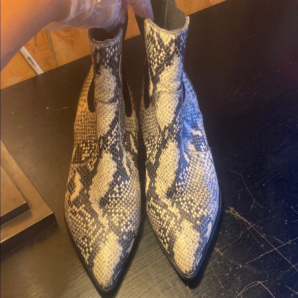 PAIGE Black and White Ankle Booties with Snakeskin Print